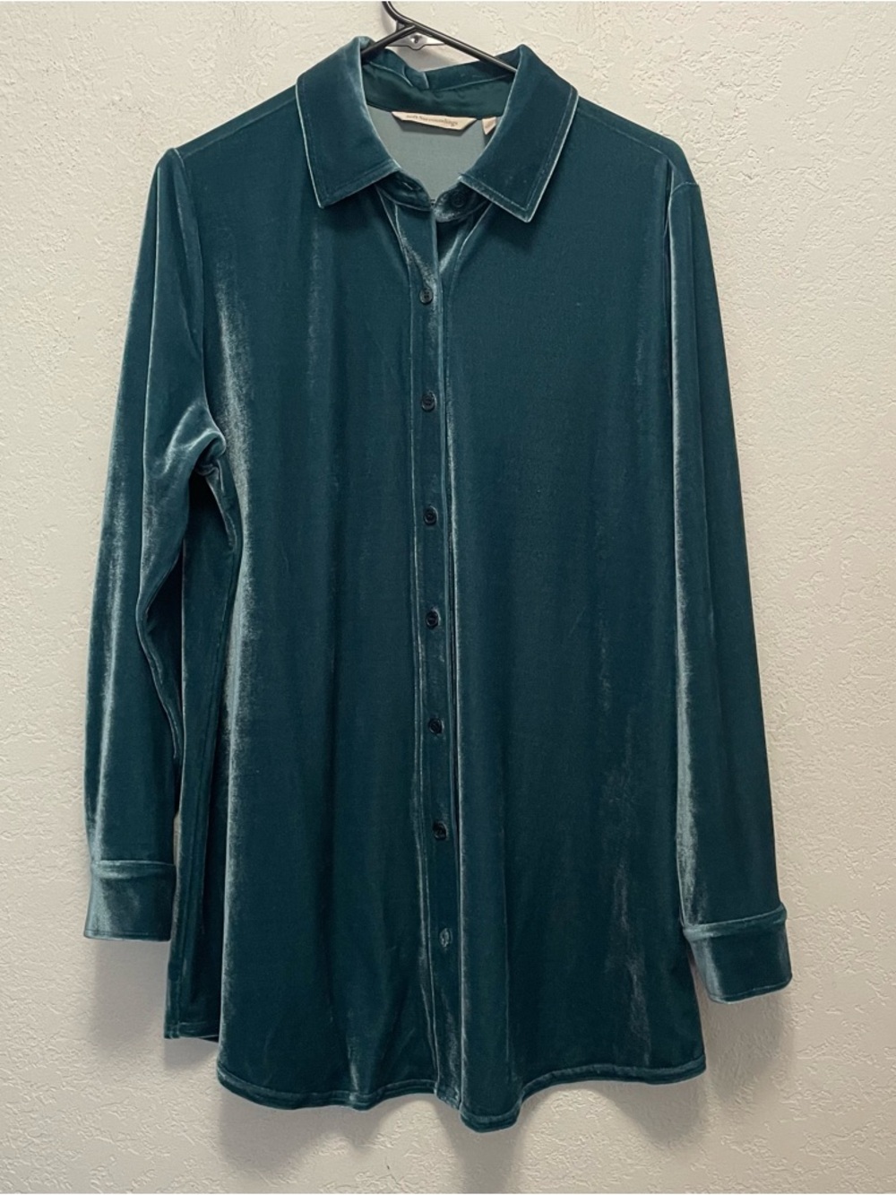 Soft Surroundings Women’s Teal Green Velvet Boyfriend Tunic Shirt Sz L Whimsical